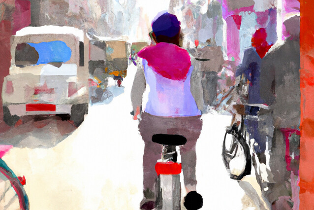 A person sits on a bicycle, wearing brown pants, a white top and magenta shawl. They are cycling on a busy road with cars.