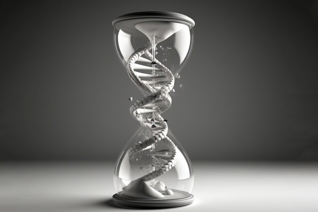 An hourglass sits on a white surface, in front of a dark grey background. Instead of sand, there is a double helix of DNA