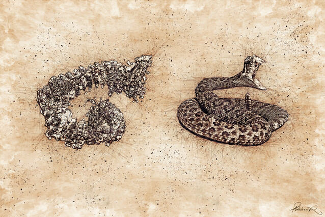 A coiled molecule sits next to a rattlesnake in a similar position. Both are drawn on a brownish background, in a style similar to Leonardo DaVinci's Vitruvian Man. 