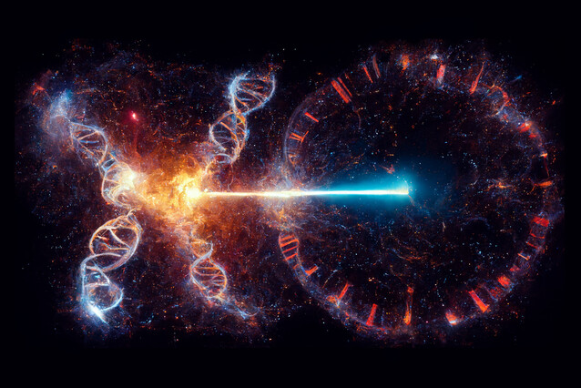 Two DNA strands seem to explode after bring touched by the ticking of a clock hand.