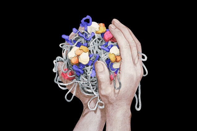 Two hands on a black background hold a ball of a string-like molecule mingled with globular structures representing proteins.