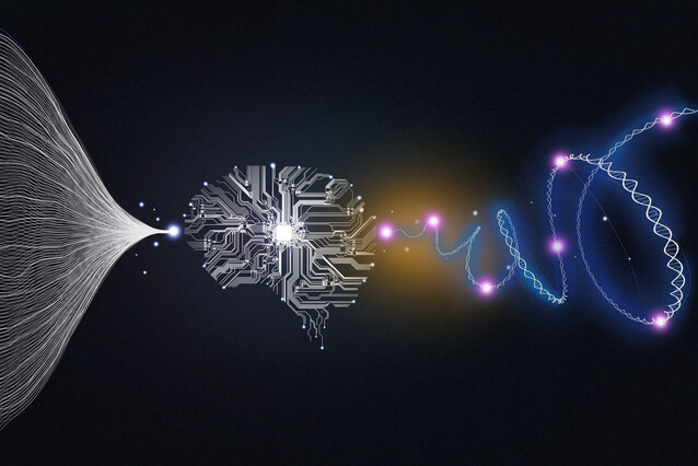 On a dark background, many white thin lines converge from the left to the right into a brain-like shape and come out the other side as a DNA double-helix.