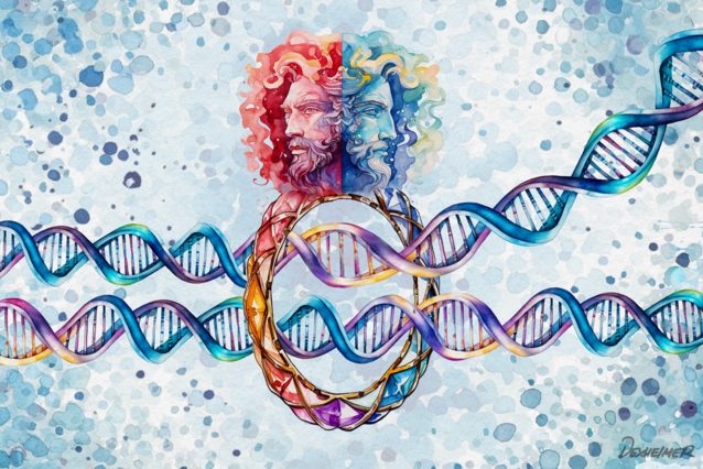 A watercolour impression, with the faces of two men looking in opposite direction, one red, one blue. Underneath, a ring entraps two long DNA molecules.